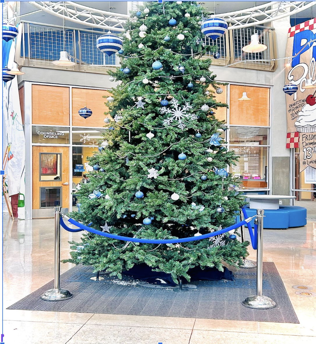 The foyer is always decorated with cheer for the holidays.